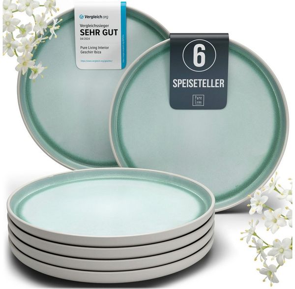 PURE LIVING INTERIOR DESIGN Geschirr-Set Pure Living Speiseteller 6er 26cm »Ibiza«, Steingut, Türkis, 6 Personen, Steingut, Mediterrane Handwerksoptik, Reaktive Glasur – jedes Stück einzigartig…