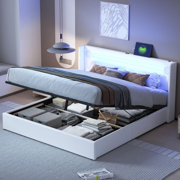 Polsterbett 160x200 cm mit hydraulischem Bettkasten, LED-Musiklicht, Bluetooth und PU-Leder-Bezug,Weiß