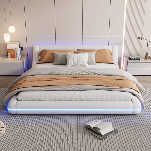 Bodenbett 160x200 cm in Weiß mit LED-Beleuchtung – PU und MDF, modernes Flachbett