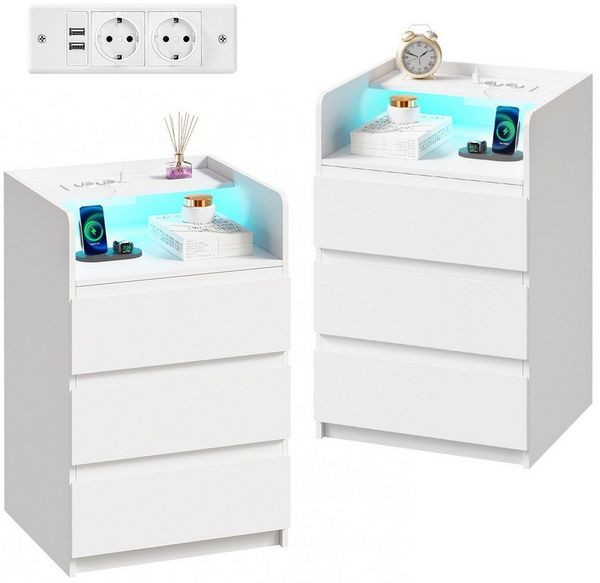 BEWISHOME Nachttisch mit LED-Beleuchtung, Steckdosen & USB-Anschlüssen, 40x35x68cm (2-St), Moderner Schlafzimmerschrank mit Stauraum
