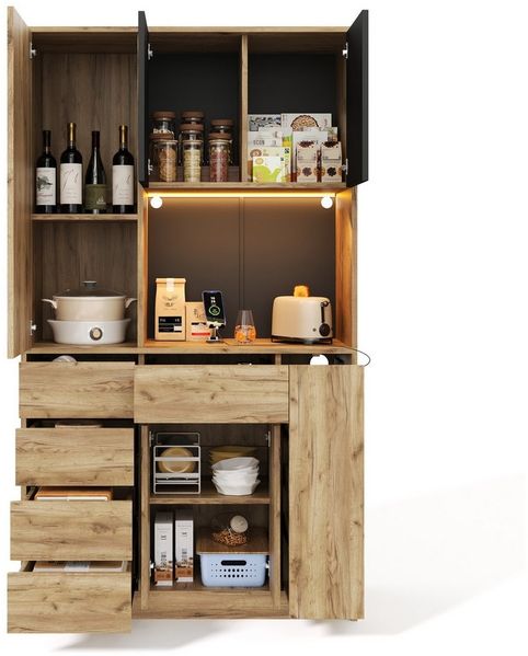 MODFU Hochschrank Küchenschrank mit LED-Beleuchtung (mit 4-stöckigem vertikalem Auszieh-Gewürzregal, verstellbaren Einlegeböden,mit Fernbedienung und Steckdose, 1-St, 185 × 105 × 40 cm)