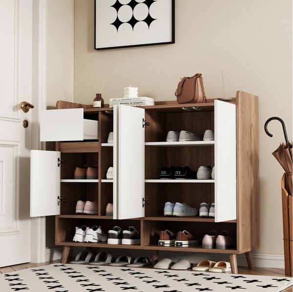 HAUSS SPOLE Schuhschrank mit 4 Türen,Kommode Flurschrank Wohnzimmerschrank mit Schublade (Mehrzweckschrank Universalschrank mit Schublade und Einlegeböden, 1-St, 4Türen und 1 Schubladen) Verstellbare Innenaufteilung,Kippsicherung
