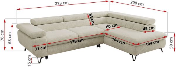 MKS Möbel 'Pablo L-Form' Ecksofa mit Schlaffunktion, verstellbare Kopfstützen, Creme, Schenille grob, Visco Topper, Links Bild 6