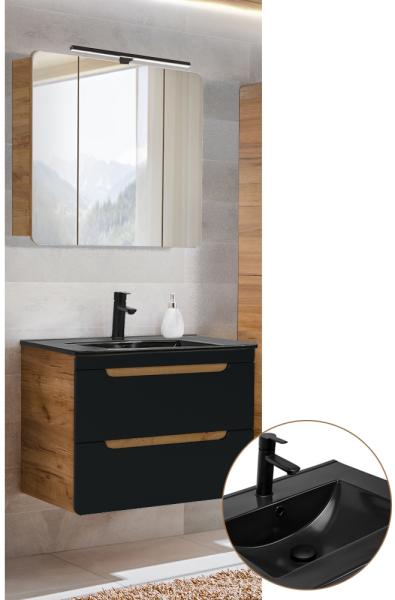 Badmöbel Waschplatz Set in seidenmatt anthrazit mit Wotan Eiche Nb. NEW-LUTON mit 81 cm Keramik Waschtisch, B/H/T ca. 81/195/46 cm