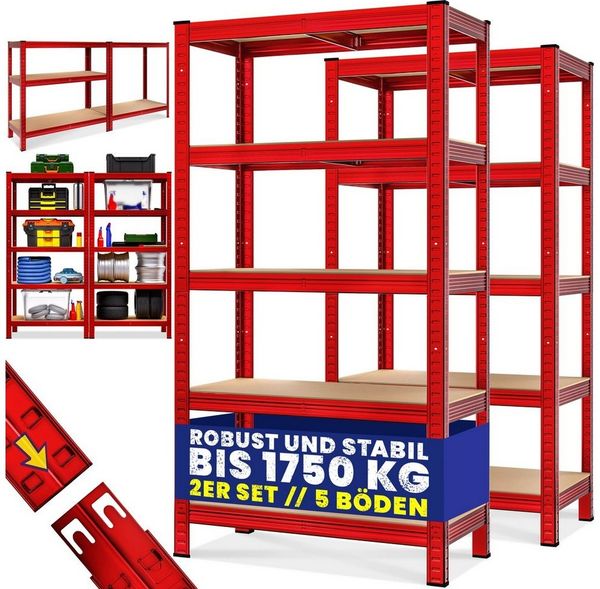 monzana Schwerlastregal, 2 x 180 x 90x40 cm 875kg rot 5 MDF-Platten Lagerregal Kellerregal