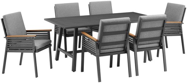 KONIFERA Garten-Essgruppe Edessa, TOPSELLER!, (Set, 19-tlg, 6x Sessel, 1x Tisch 180x97x74 cm, inkl. Auflagen, Aluminium), Tischplatte aus Alu-Lamellen,Armlehne mit Seilgeflecht&Noonwood-Latten