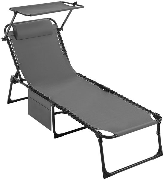 eSituro Sonnenliege Liegestuhl Klappbar mit Sonnenschutz Kopfstütze Relaxliege Verstellbarer Rückenlehne Gartenliege bis 120 kg belastbar für Strand Camping Garten, Montagefrei, Grau