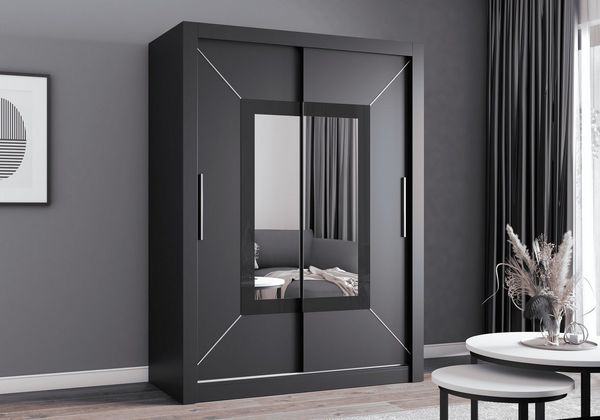 MOEBLO Kleiderschrank ASTRAN (modernes Schwebetürenschrank mit Spiegel, praktische Aufbewahrung & langlebige Verarbeitung, Schwebetürenschrank Schrank Garderobe Schiebtüren Schlafzimmer Wohnzimmerschrank mit Spiegel) (BxHxT): 150 / 180 / 203 x 215 x 64 cm