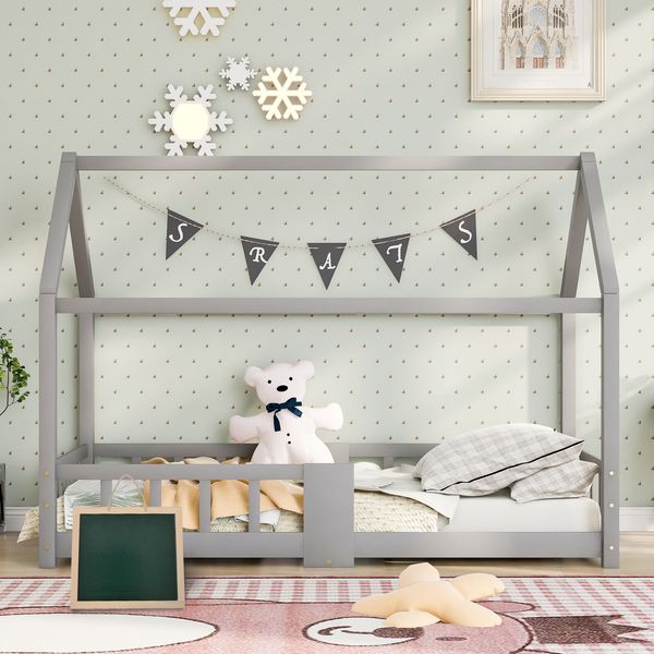 Kinderbett Hausbett aus Massivholz mit Tafel & Lattenrost, 90x200 cm, Grau, ohne Matratze