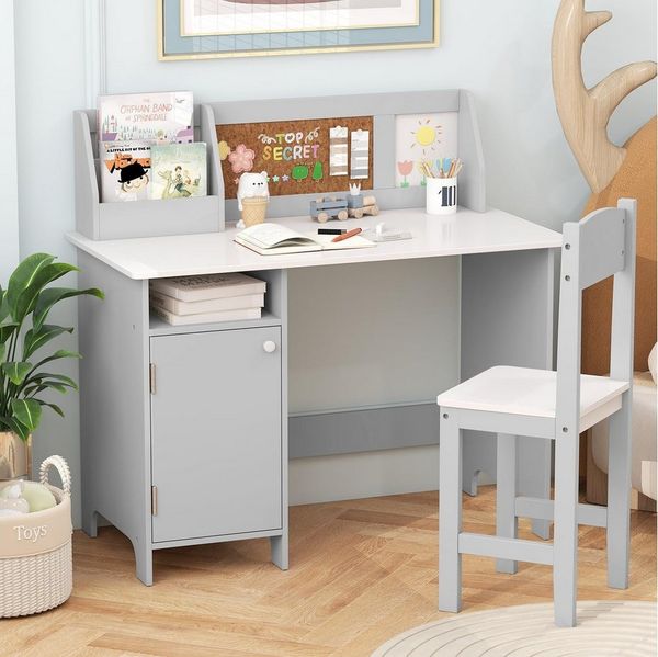 COSTWAY Kinderschreibtisch mit Stuhl Set, Holz, Sitzgruppe mit Bücherregal