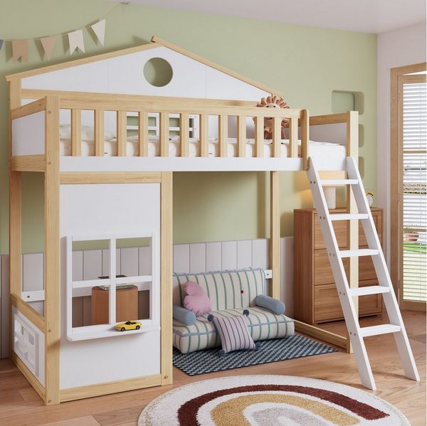 Flieks Etagenbett, Kinderbett Hausbett 90x200cm mit Dach, Fenster und oberem Lattenrost