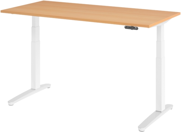 bümö elektrisch höhenverstellbarer Schreibtisch 160x80 cm mit Memory-Steuerung - Design Schreibtisch höhenverstellbar elektrisch, elektrischer Schreibtisch Buche, Gestell weiß/alu, XBHM16-6-WC