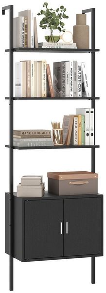 COSTWAY Bücherregal, 5-stöckiges Leiterregal mit Schrank, Wandmontage, Metall