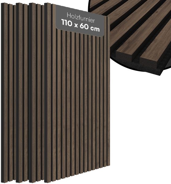 Bellamio 'Kilwa' 3D Akustikpaneele, Holzoptik Walnuss, Echtholzfurnier und MDF, 110x60x2,1 cm, Wandpaneele mit Schallschutz, 4er Set