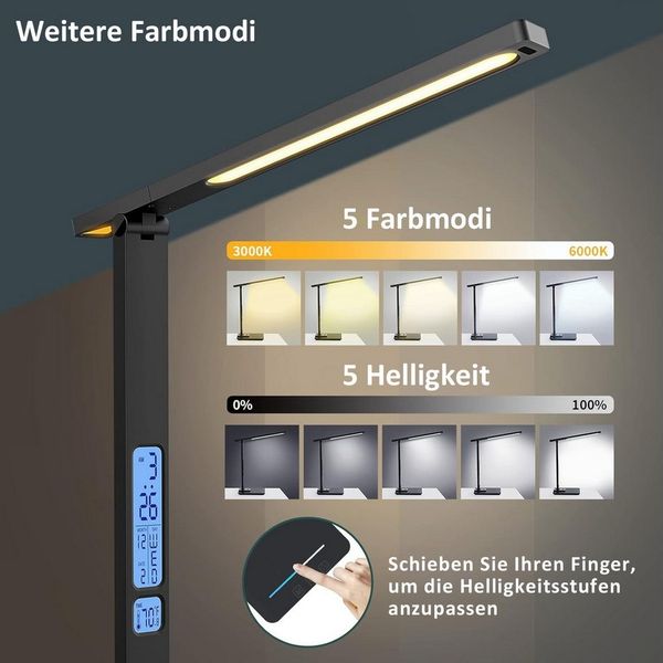 ibettertec Schreibtischlampe Schreibtischlampe, LED Schreibtischlampe, LED Tischlampe Dimmbar, Drahtlose Ladefunktion, LED fest integriert, Tageslichtweiß, warmweiß, neutralweiß, Augenschutz-Modus,Temperatur, Alarm, Kalenderfunktion