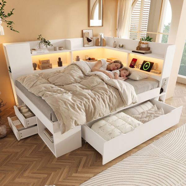Polsterbett 140×200 cm aus Holz mit LED-Beleuchtung und USB-C-Ladefunktion, weiß
