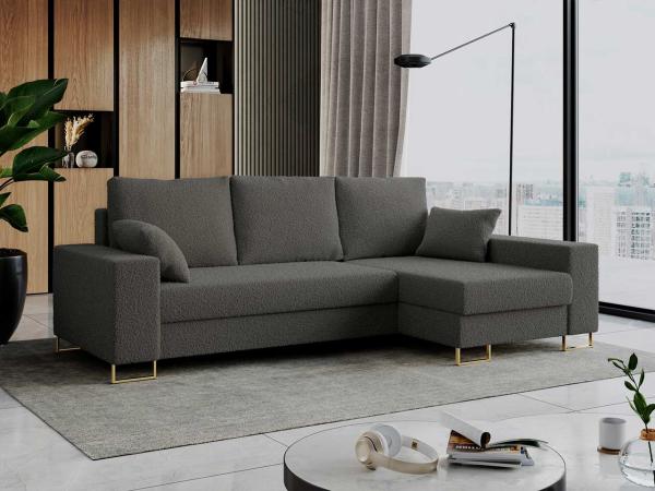 Ecksofa mit Schlaffunktion L-Form mit Bettkasten - DORIAN-Non - Dunkelgrau Boucle