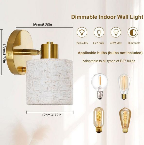 Sunicol LED Wandleuchte LED Wandlampe innen Schalter Dimmbar, Drehbare, mit Leinenschirm, LED wechselbar, Warmweiß, E27 Nachttischlampe für Schlafzimmer Flur Wohnzimmer