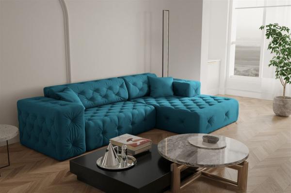 Ecksofa Designersofa CHANTAL in Stoff Opera Velvet Ozeanblau Ottomane Rechts