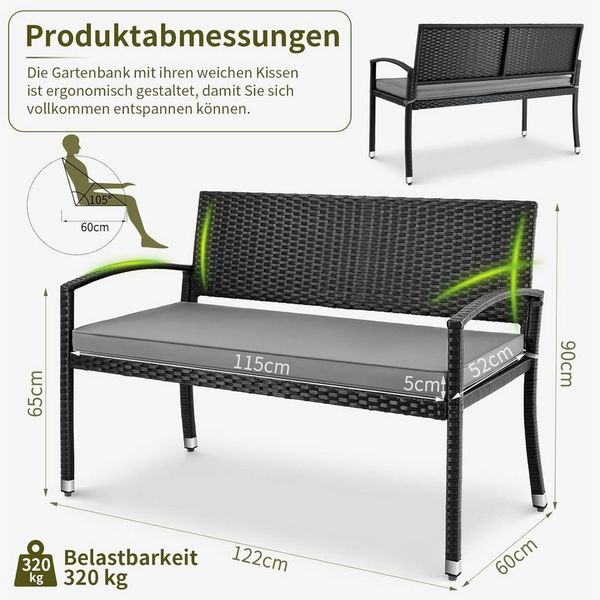 TLGREEN Gartenbank 2-Sitzer Rattan-Sofa mit Kissen (Komfortable Gartenlouge aus Wettersicherem PE-Rattan, Stabiler Metallrahmen, Terrassenmöbel Set für Außenbereich), Outdoor Sofa für Garten/Terrasse/Balkon