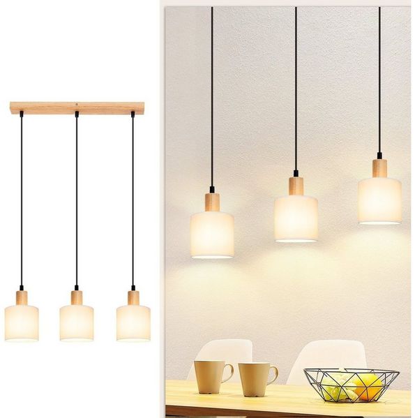 ZMH Pendelleuchte 3 Flammig Holz Esstischlampe Vintage - Rund Weiß Schlafzimmer, ‎Verstellbare Höhe, ohne Leuchtmittel, E14 Esstischlampe für Esszimmer Restaurant