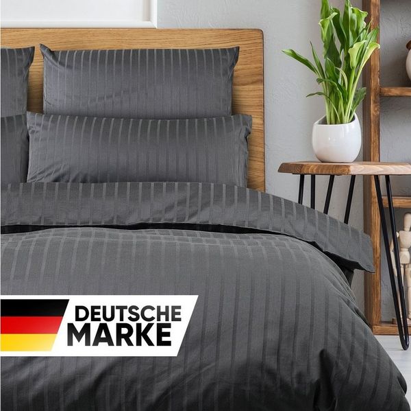 Slummer Bettwäsche 135x200 Baumwolle Damast, anthrazit, Mako-Satin, 2 teilig, Reißverschluss, Kissenbezug 80x80 cm