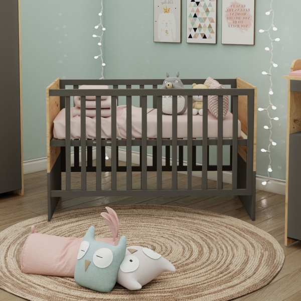 roba 2 in 1 Baby- & Beistellbett Anna - 6-fach Höhenverstellbar - 5 Schlupfsprossen für Beistellfunktion - inkl. Lattenrost, 60 x 120 cm, Anthrazit / Dekor in Kent Eiche