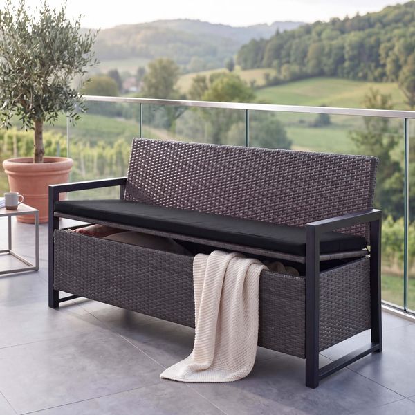 Poly-Rattan 3er Sitzbank HWC-F39, Gartenbank Truhenbank, Staufach Aufbewahrung Sitzkissen ~ grau, Kissen schwarz
