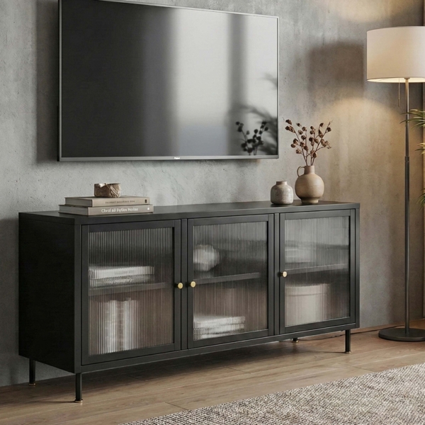 TV-Rack HWC-O87, Lowboard TV-Schrank Sideboard Türen Staufächer Industrial Metall Schilfglas 58x120x40cm ~ schwarz