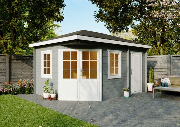 5-Eck Gartenhaus Evelyn 3D Lichtgrau