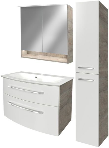 FACKELMANN B.STYLE Badmöbel Set 4-teilig 83 cm breit, Weiß/Braun hell + LED Spiegel Spiegelschrank+ Hochschrank Türanschlag rechts