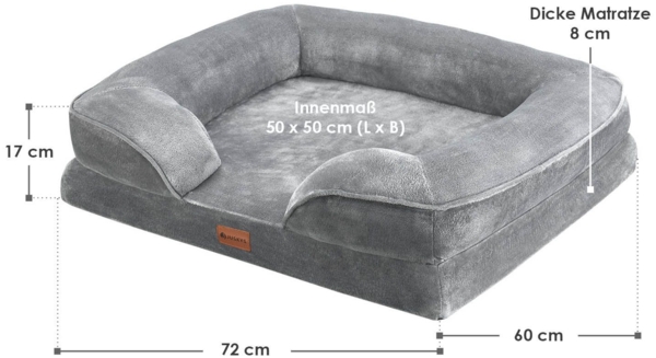 Juskys Hundebett Sheena M orthopädisch, waschbar & rutschfest – 72 x 60 x 17 cm – Hundesofa flauschig Hunde Grau – Haustierbett Hundesofa