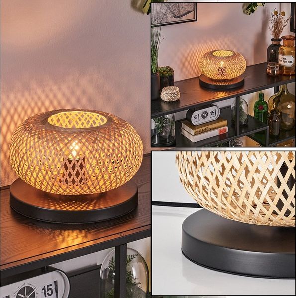 hofstein Tischleuchte Tischlampe aus Metall/Bambus in Schwarz/Natur, ohne Leuchtmittel, Gitterschirm Leuchte (20cm), Schalter, 1 x E27, ohne Leuchtmittel