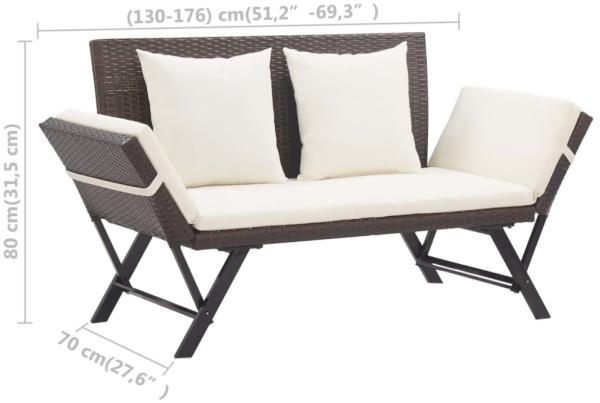 vidaXL Gartenbank mit Kissen, Polyrattan / Stahl braun / weiß, (130-176) x 70 x 80 cm Bild 5