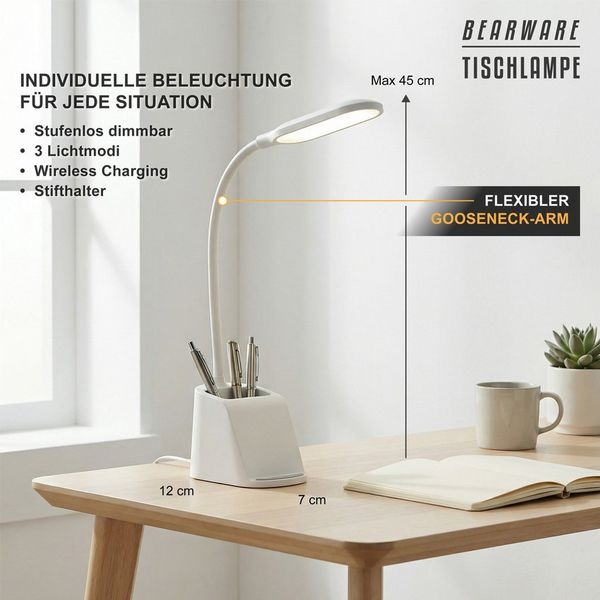 BEARWARE Schreibtischlampe LED Dimmbar mit Wireless Charger, Bürölampe, Leselampe, Tischleuchte, mehrere Helligkeitsstufen, Nachtlichtfunktion, LED fest integriert, warmweiß, kaltweiß, neutralweiß, 3 Lichtmodi, Touch, mit Stifthalterung, Ladegerät QI C...