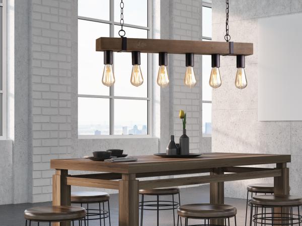 Ausgefallene Holzbalken Industriedesign Pendelleuchte 6 flammig mit Vintage LEDs