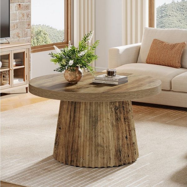 Tribesigns Couchtisch 80 cm Runder Wohnzimmertisch mit Trommel Basis und Holzoptik – Braun