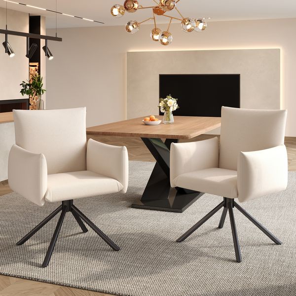 Esszimmerstühle 2er-Set, Leinen mit 360°-Drehfunktion & Armlehnen, Beige