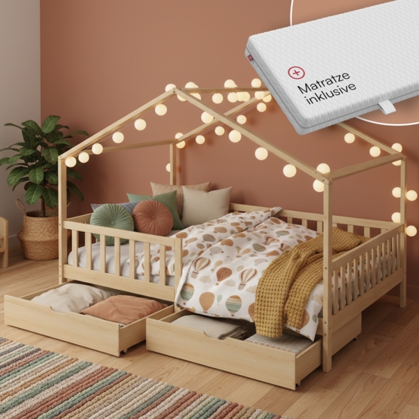 Bellabino 'Bia' Hausbett 140x200 cm mit Matratze und 2 Schubladen, natur, Kiefer Massivholz, Montessori Kinderbett mit Stauraum, inkl. Rausfallschutz und Lattenrost
