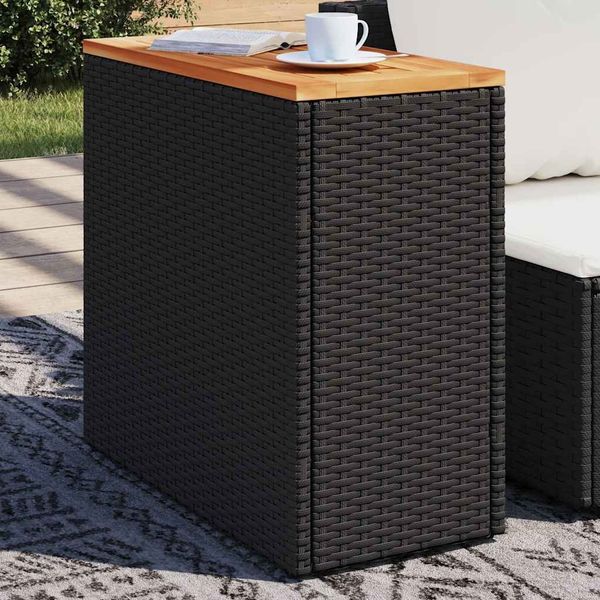 Gartentisch, Beistelltisch, Balkontisch mit Holzplatte Schwarz 58 x 27,5 x 55 cm Poly Rattan