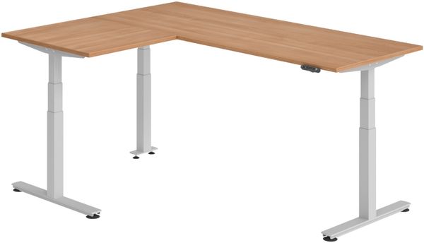 bümö Eckschreibtisch elektrisch höhenverstellbar L-Form: 200x160 cm in Nussbaum, Gestell silber - Stehschreibtisch mit Memory-Steuerung, elektrischer XXL Schreibtisch für die Ecke, XDSMW-2008-N-S