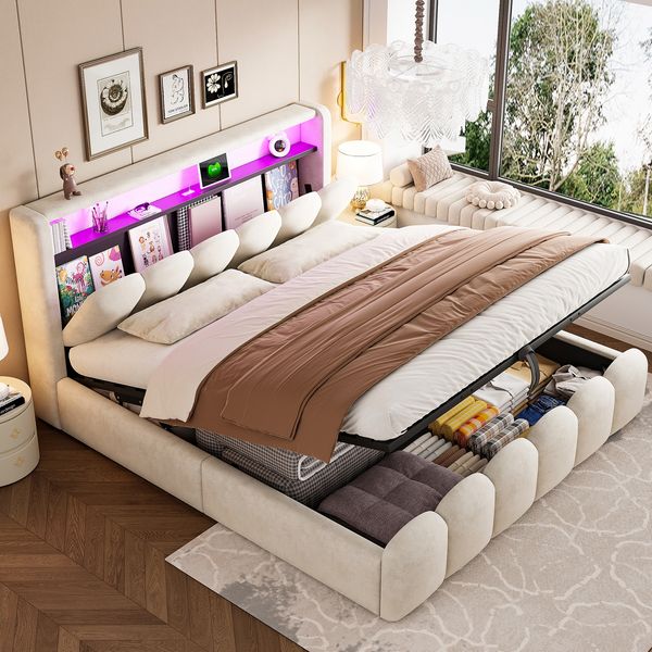 Polsterbett, hydraulische Staufunktion, Stauraum im Kopfteil, Doppelbett, Samtstoff, USB- und Typ-C-Anschlüsse, LED, Blütenblattdesign, Beige, 180 × 200 cm