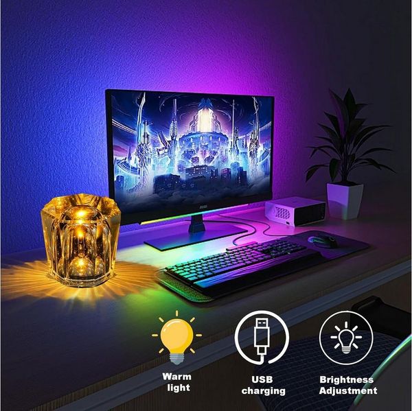 Luckice LED Nachttischlampe LED-Kristalllampe fürs Schlafzimmer,echte Kristall-Ambientelampe, wiederaufladbare Tischlampe, kabellose Mini-Leuchte mit drei Helligkeitsstufen, dekorativer Kunststil–ideal für Wohnraum,Küche,Bar, Wohnzimmer und Badezimmer,...