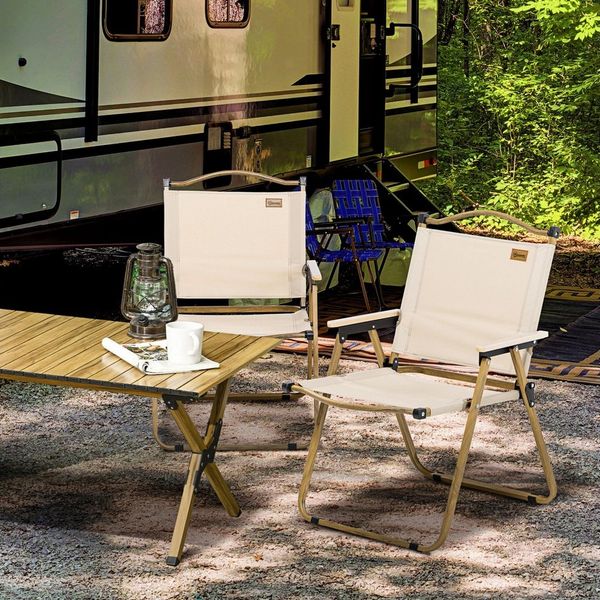 Outsunny Campingstuhl 2er Set faltbarer Gartenstuhl mit Stahlrahmen (Holzoptik, Klappsessel für Pool, Strand, 2 St), Oxfordstoff, Khaki