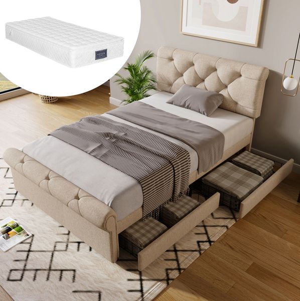 Einzelbett 90x200 cm mit Matratze, 2 Schubladen und höhenverstellbarem Kopfteil – Polsterbett in Natur