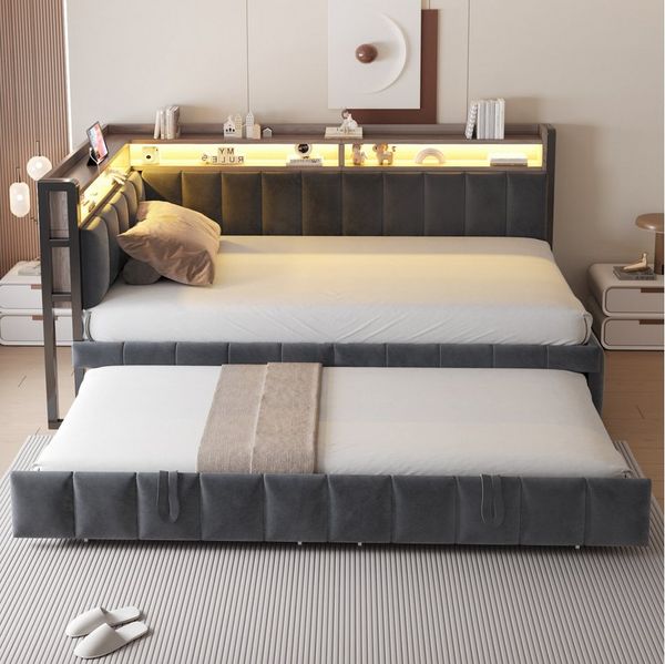 MODFU Schlafsofa mit Ausziehbett, Polsterbett mit LED-Beleuchtung, Ablagefächer & USB-Anschlüsse, Metallbett 90x200 & 90x190 cm, Samtstoff, ohne Matratze