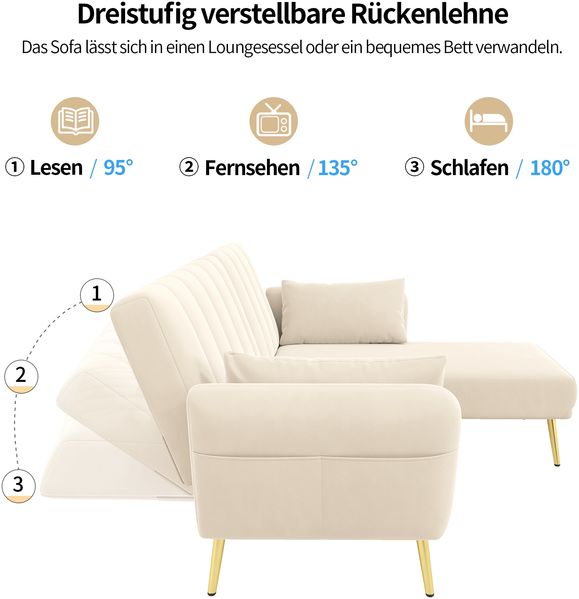 2-3-Sitzer Ecksofa 191,5 x 130,5 x 80 cm aus Samt mit Schlaffunktion Bild 9