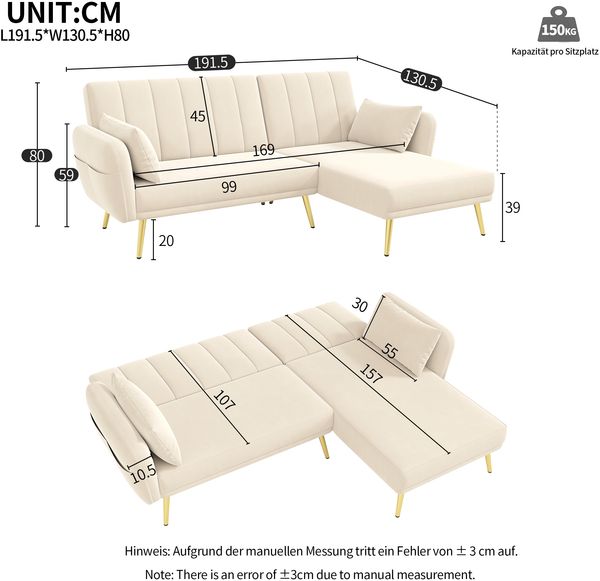 2-3-Sitzer Ecksofa 191,5 x 130,5 x 80 cm aus Samt mit Schlaffunktion Bild 5