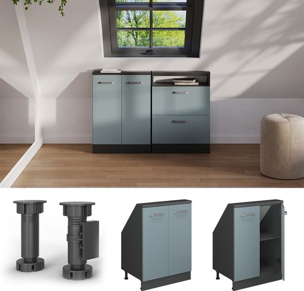 Küchenschrank für Dachschrägen R-Line Blau-Grau 60 cm mit 2 Türen Vicco Bild 5