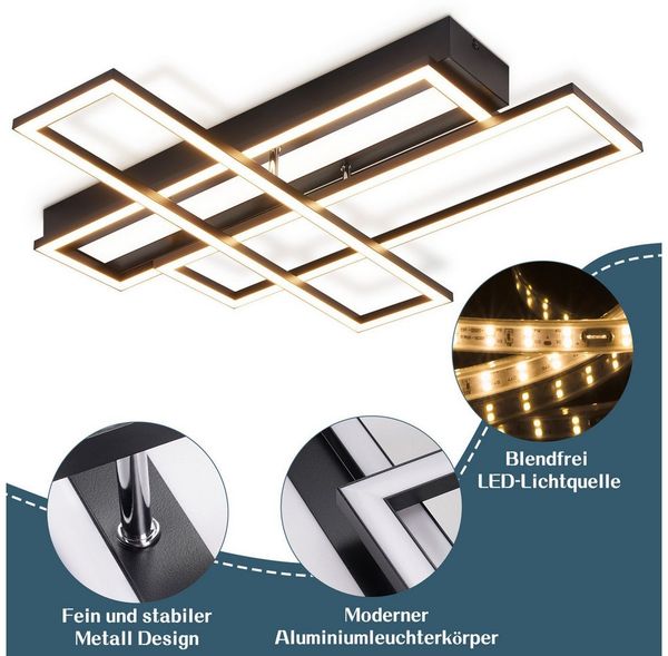 ZMH LED Deckenleuchte Wohnzimmer Schwarz Rechteckig Deckenlampe Dimmbar Modern Design, Augenschutz, Einfache Installtion, LED fest integriert, 3000-6500K, 54W Schlafzimmerlampe mit Fernbedienung Küche Esszimmer